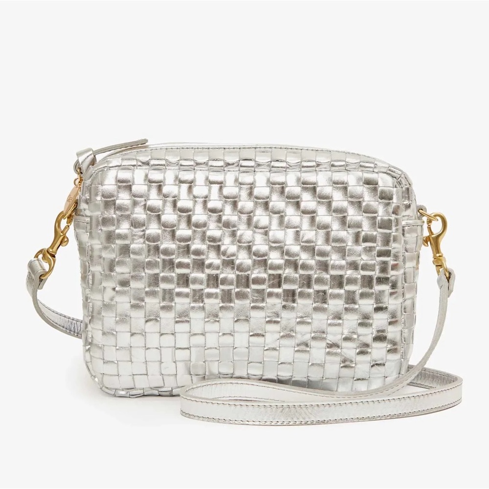 Clare V Silver Midi Sac Specchio Woven Checker Crossbody Bag
